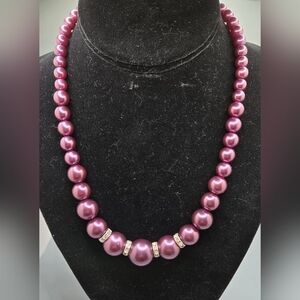 Purple Faux Pearl Necklace w/ Crystal Embedded Rondels Silver Tone Clasp